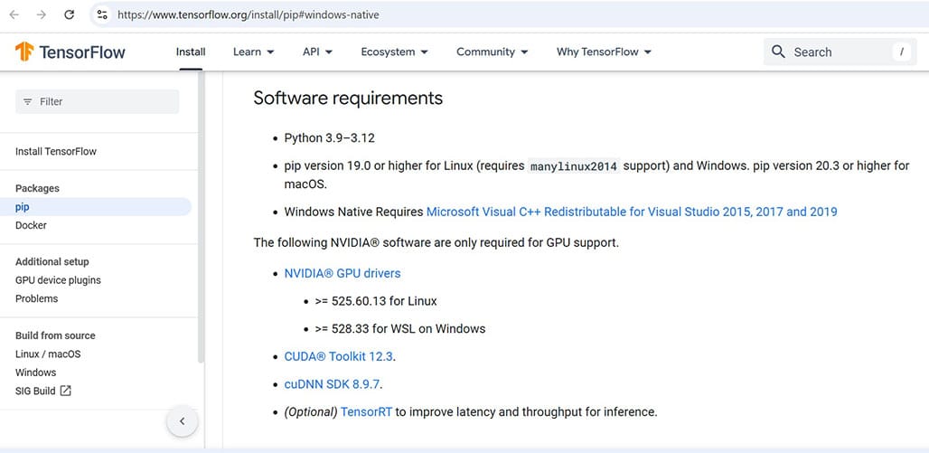 Tensorflow software requirements